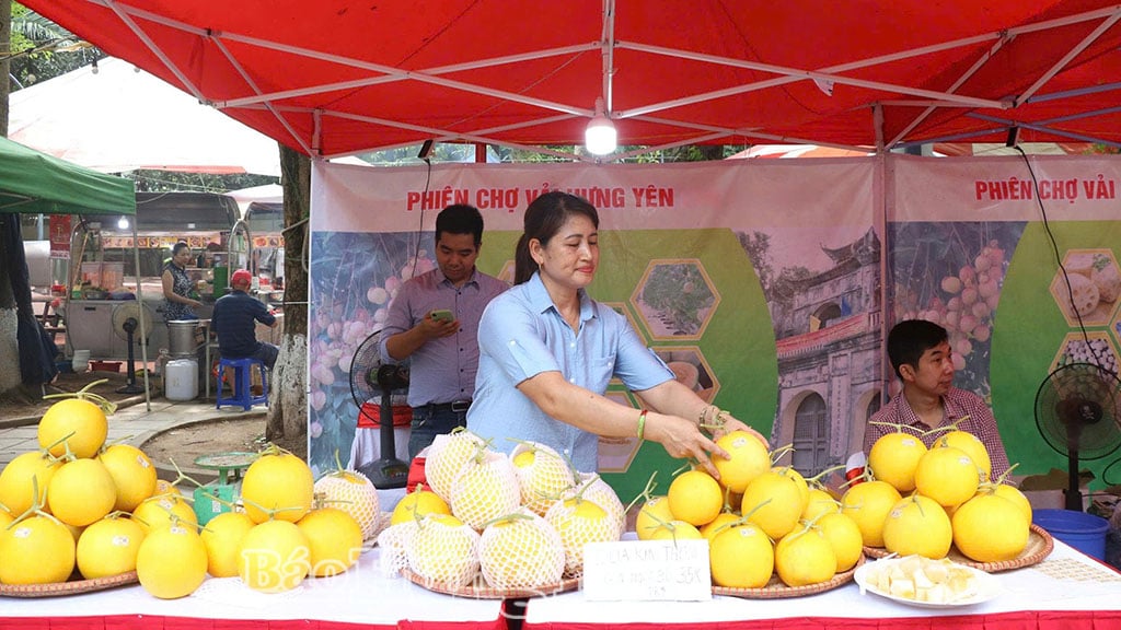Na veletrhu se prodává meloun „Kim Co Nuong“ od pana Nguyen Van Phonga z vesnice Ap Dong (obec Pham Ngu Lao).