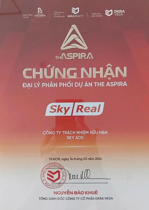 Sky Real chính thức nhận Giấy Chứng nhận Đại lý F1 Phân phối dự án The Aspira.
