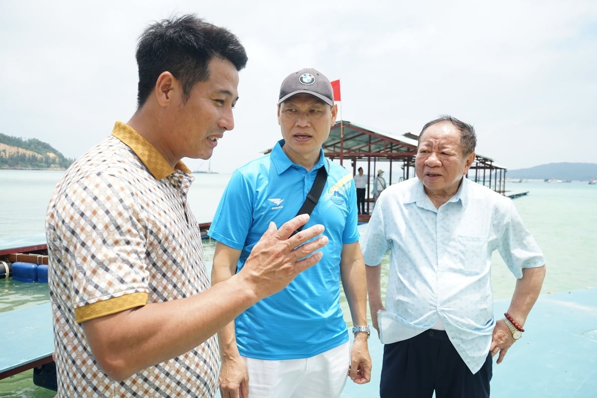 Các đại biểu tham quan mô hình nuôi biển của Công ty cổ phần Mực nhảy Biển Đông. Ảnh: Nguyễn Thành.