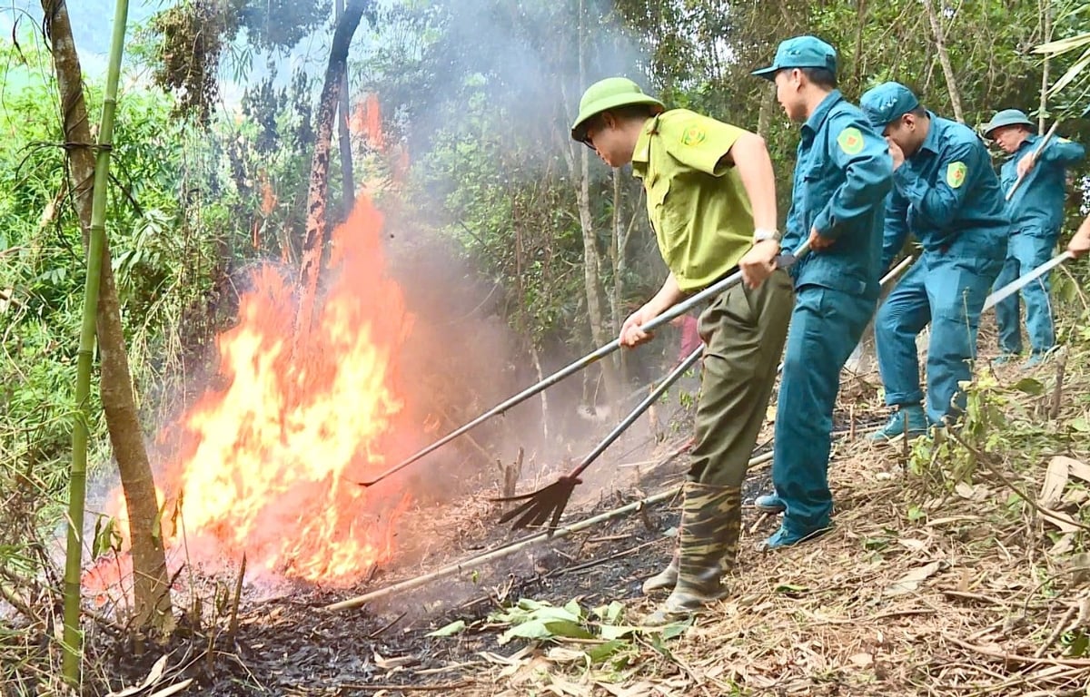 Diễn tập công tác phòng cháy chữa cháy rừng tại xã Yên Nguyên, nhằm nâng cao ý thức, kỹ năng của người dân về phòng cháy, chữa cháy rừng. Ảnh: Duy Tuấn.
