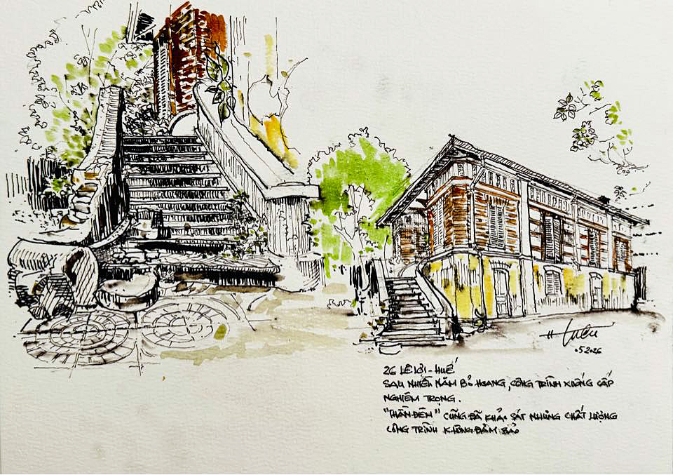 Chính quyền Huế đã từng mời "thần đèn" di dời công trình nhưng...bó tay - ký họa của KTS Phan Gia Hữu Tuấn