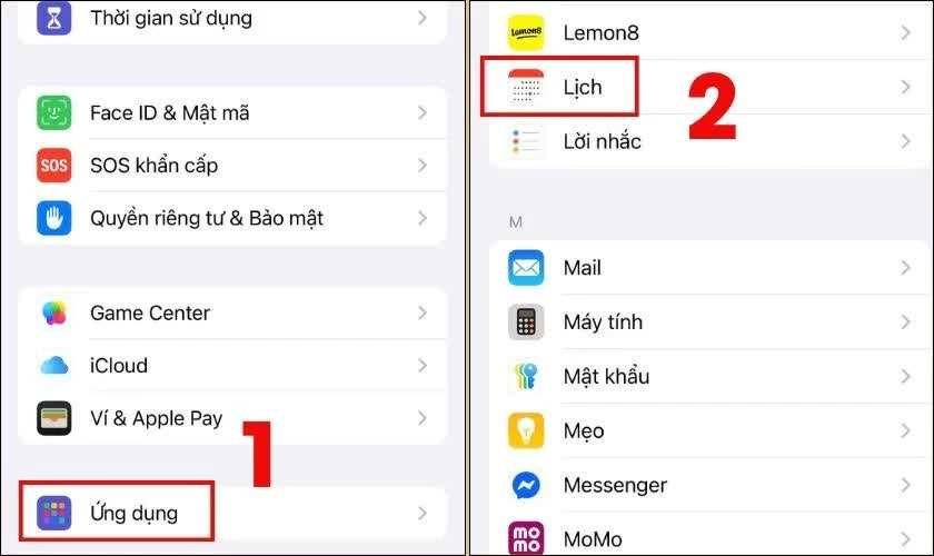 Chọn mục Lịch trong danh sách cài đặt ứng dụng.