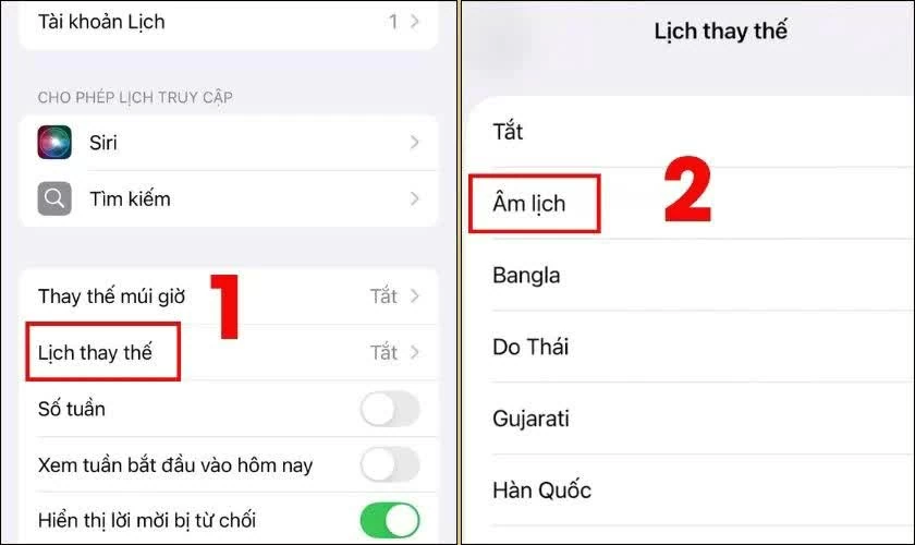 Chọn Âm lịch để kích hoạt hiển thị ngày âm song song với lịch dương.