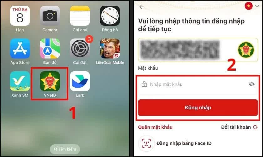 Nejprve otevřete a přihlaste se do aplikace VneID. Trước hết, hãy mở và đăng nhập ứng dụng VneID.