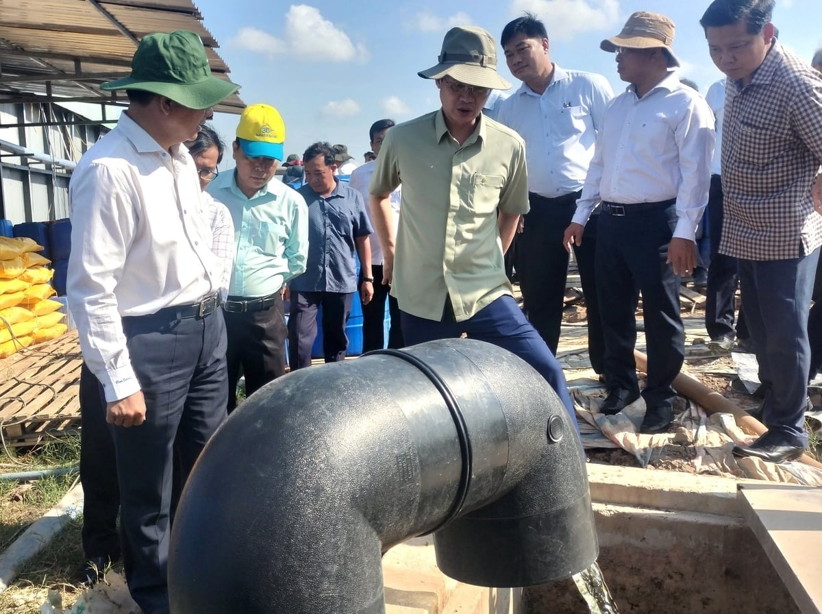 Ông Trần Văn Lâu - Bí thư Tỉnh ủy (bên trái) và ông Trần Trí Quang - Chủ tịch UBND tỉnh (giữa) kiểm tra chất lượng nước rỉ rác đã qua xử lý tại bãi rác An Hiệp. Ảnh: Minh Đảm.