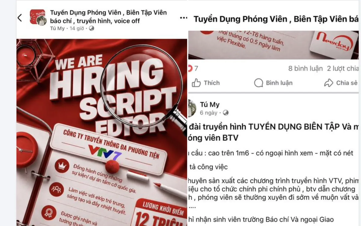 Thời gian gần đây, trên mạng xã hội tiếp tục xuất hiện các tài khoản tự xưng là người của cơ quan báo chí, đơn vị truyền thông để đăng tuyển cộng tác viên, MC, biên tập viên, phóng viên...