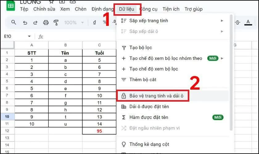 잠그고 싶은 Google Sheets 파일을 엽니다. Mở tệp Google Sheets cần khóa.