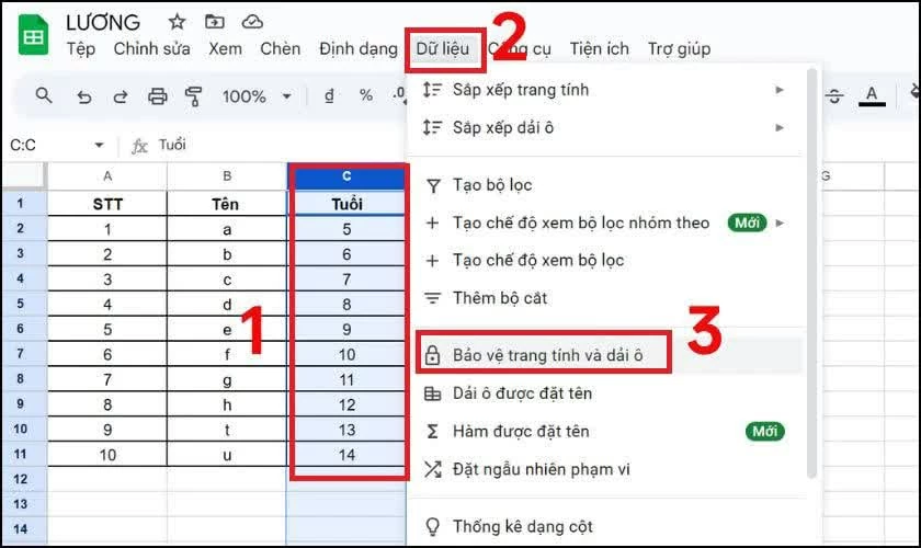 구글 시트 스프레드시트를 엽니다. Mở bảng tính Google Sheets.