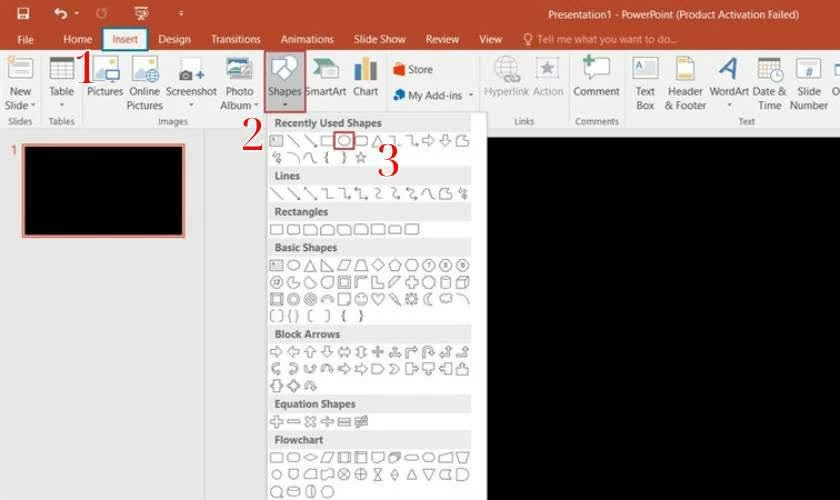 Chuyển sang thẻ Insert, chọn Shapes rồi chọn hình tròn. Chuyển sang thẻ Insert, chọn Shapes rồi chọn hình tròn.