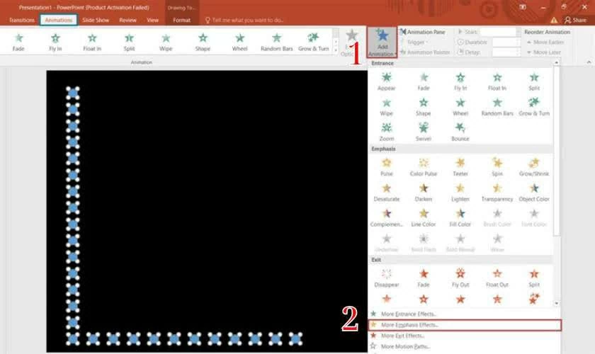 Chuyển sang thẻ Animations, nhấn Add Animation. Chuyển sang thẻ Animations, nhấn Add Animation.