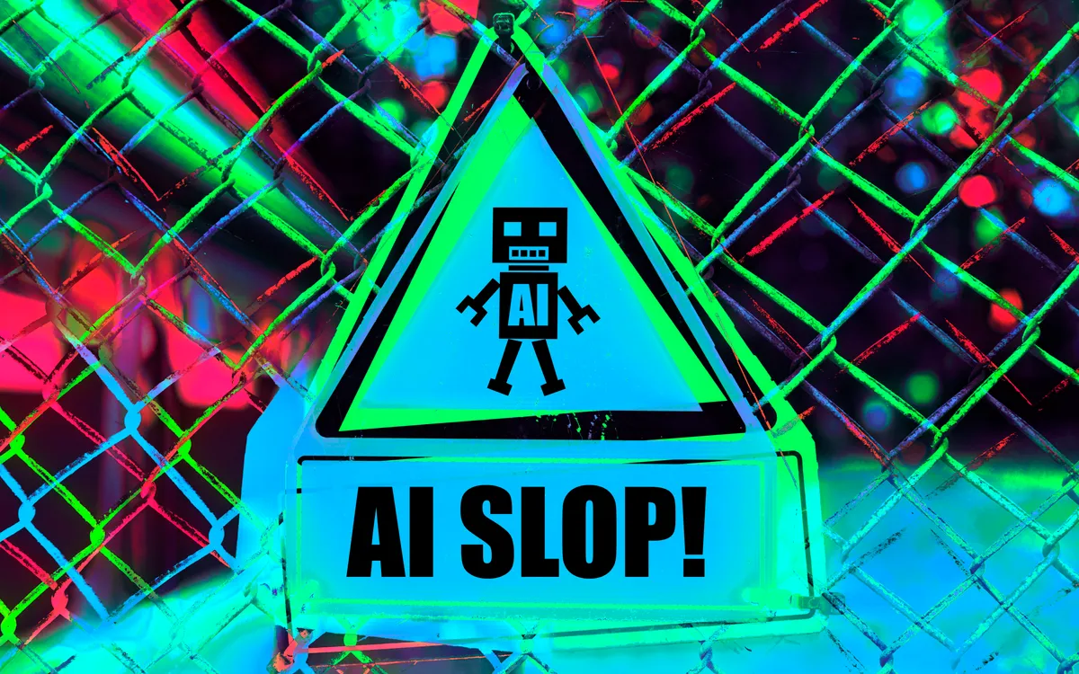 Biển cảnh báo với hình robot và dòng chữ “AI Slop”. (Ảnh: Reuters)
