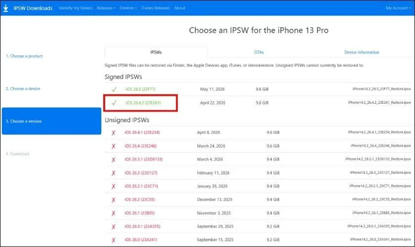 Kiểm tra trạng thái Signed và tải iOS 26.4.