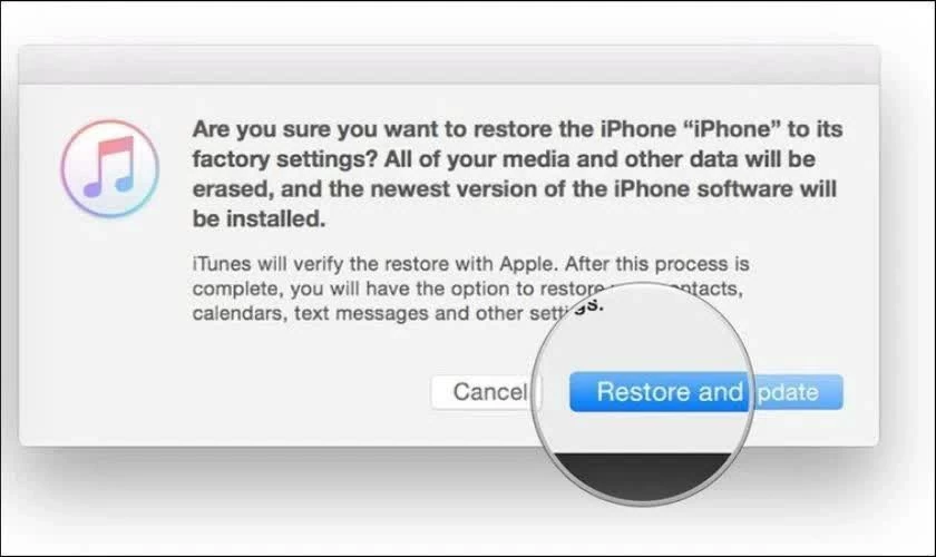 Restore iOS 26.4 bằng iTunes hoặc Finder.