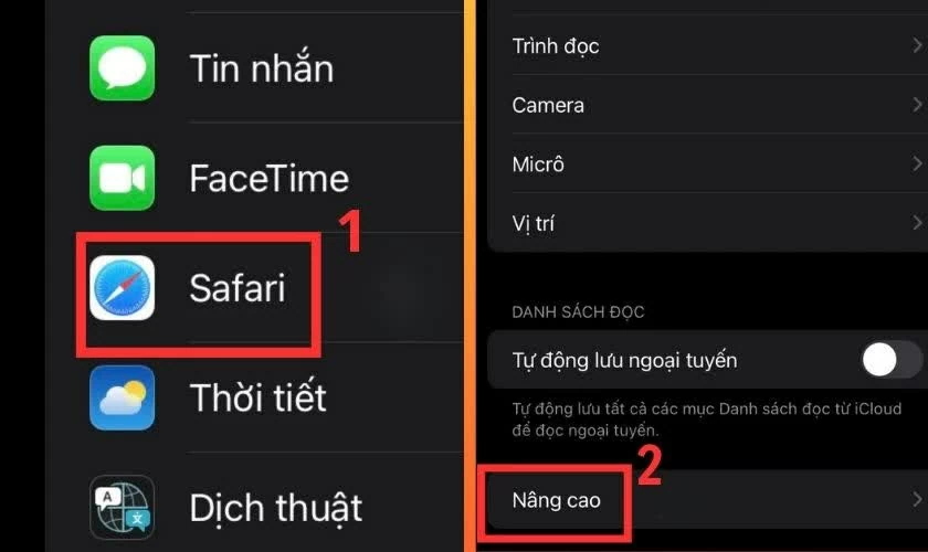 قم بالتمرير لأسفل وحدد Kéo xuống và chọn mục “Safari”, sau đó tiếp tục nhấn vào “Nâng cao”.