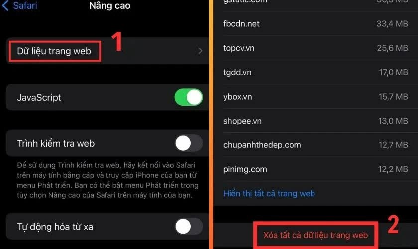 حدد Chọn “Dữ liệu trang web”, rồi nhấn “Xóa tất cả dữ liệu trang web”.