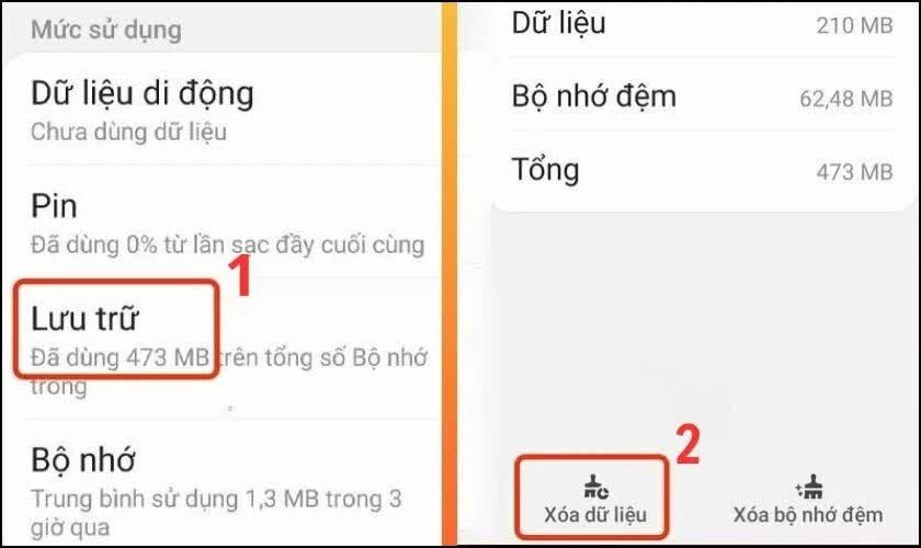 حدد خيار Chọn mục “Lưu trữ”, rồi nhấn “Xóa dữ liệu”.