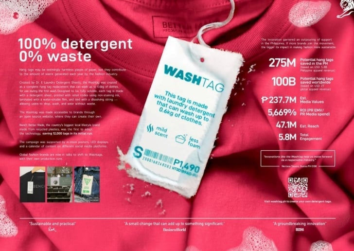 Sản phẩm Washtag gây chú ý với sáng kiến biến mác quần áo thành chất tẩy giặt có thể hòa tan trong nước, giúp giảm rác dùng một lần ngành thời trang. Ảnh: WileyTex/LinkedIn.