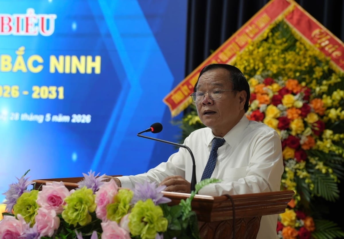 Chủ tịch Hội Nhà báo tỉnh Bắc Ninh Trịnh Văn Ánh phát biểu tại Đại hội. Ảnh: Phạm Minh.