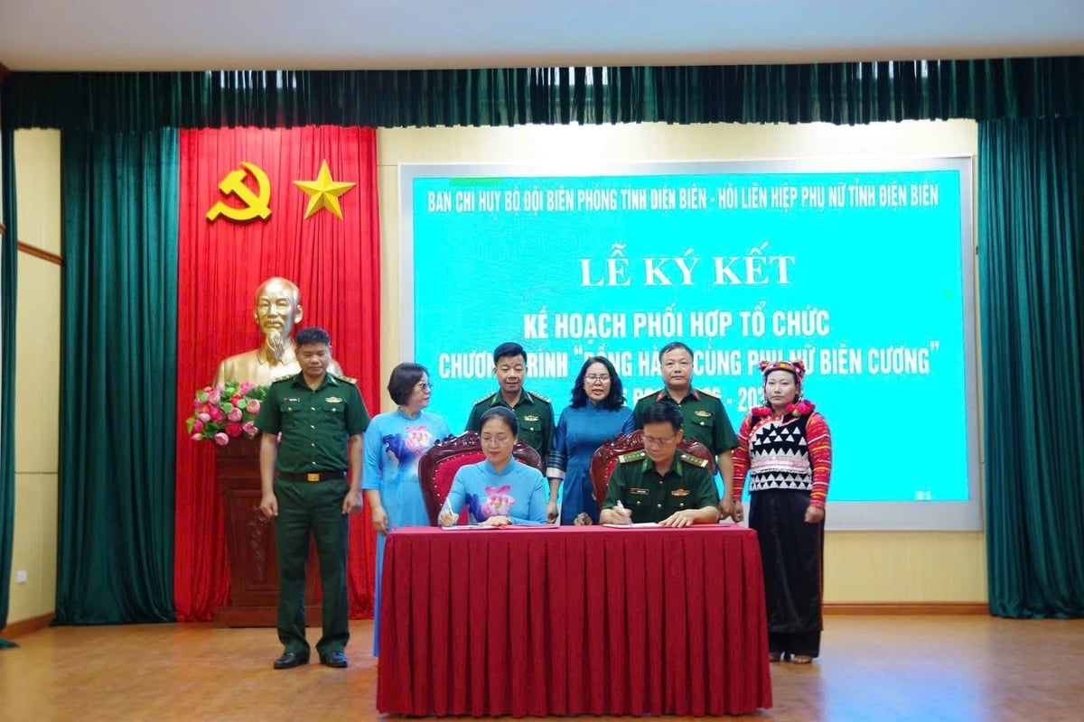 Hội Liên hiệp Phụ nữ tỉnh Điện Biên và Bộ Chỉ huy Bộ đội Biên phòng tỉnh ký kết kế hoạch phối hợp thực hiện Chương trình 'Đồng hành cùng phụ nữ biên cương' giai đoạn 2026-2030. Ảnh: Hoàng Châu. 