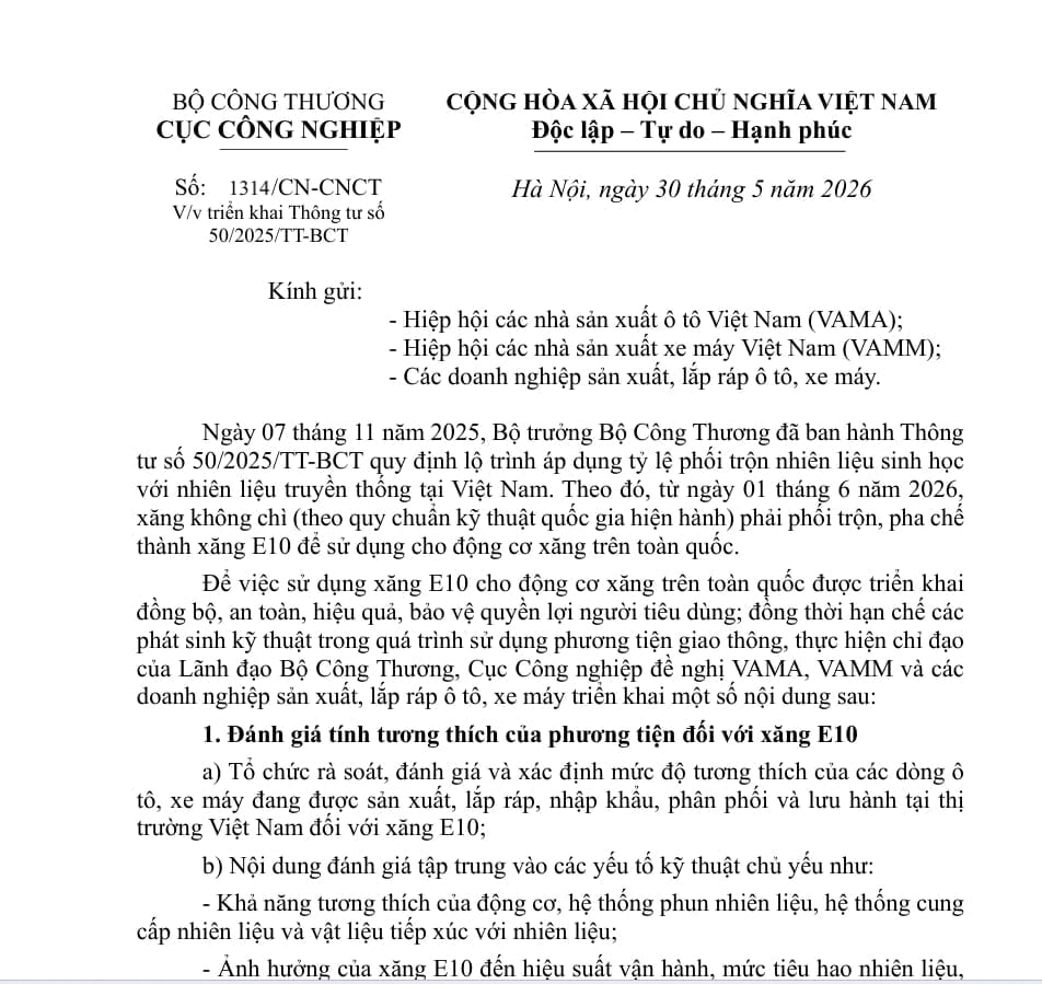 Trước giờ G ngày 1/6 xăng E10 được triển khai trên toàn quốc, Cục Công nghiệp có văn bản gửi đến các hiệp hội. Ảnh: BH