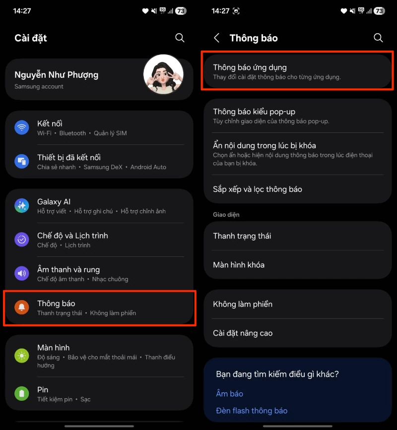 Vào Cài đặt > chọn Thông báo > tiếp tục vào Thông báo ứng dụng.