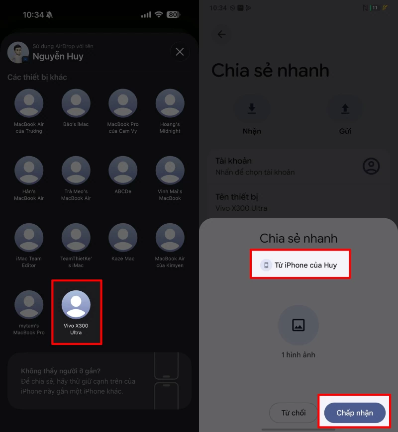 Hãy chọn đúng tên điện thoại vivo muốn nhận dữ liệu.
