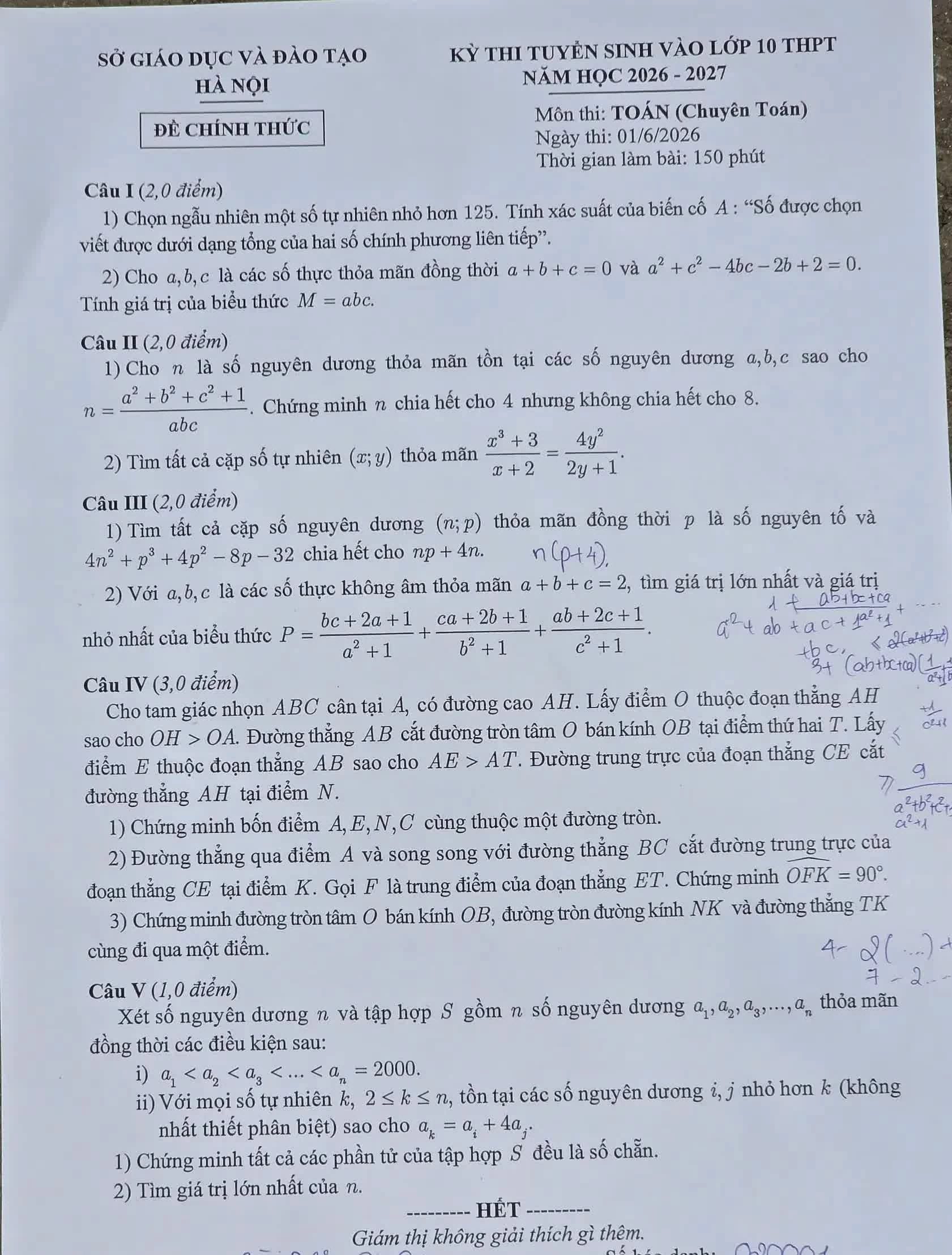 آزمون تخصصی ریاضی برای آزمون ورودی پایه دهم در هانوی Đề Toán chuyên vào lớp 10 ở Hà Nội