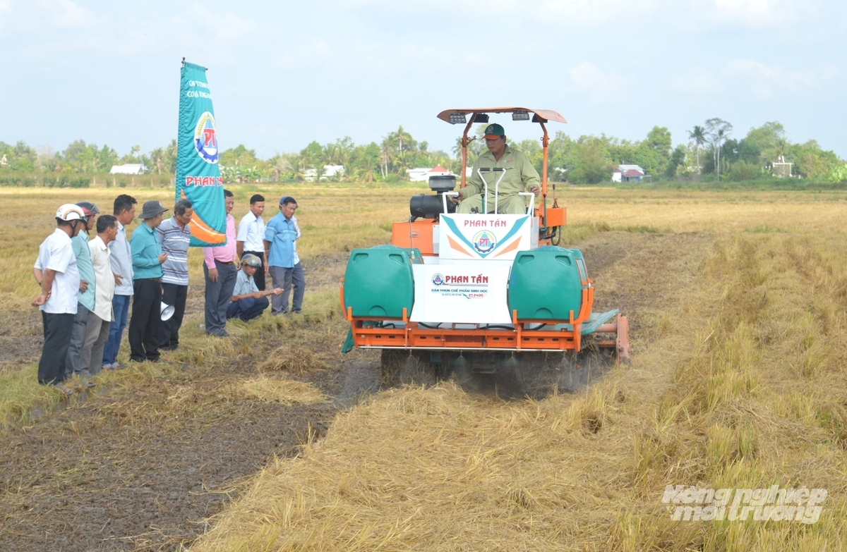 Trước khi gieo sạ khoảng 20 ngày, rơm rạ sau khi thu hoạch lúa đông xuân được xử lý bằng máy xới vùi kết hợp phun chế phẩm vi sinh để đẩy nhanh quá trình phân hủy, tạo nguồn hữu cơ trả lại cho đất. Ảnh: Trung Chánh.