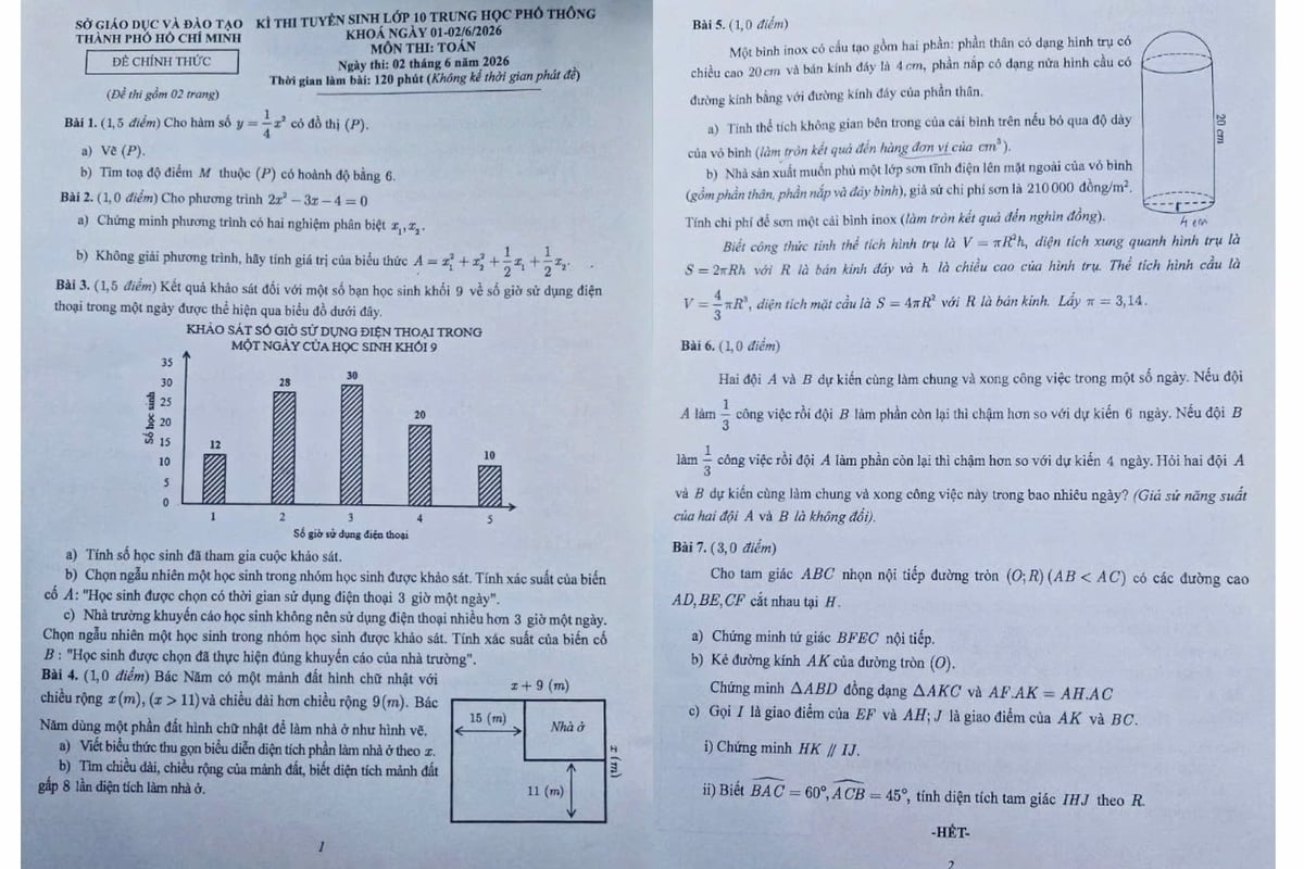 Đề thi môn toán, môn thi cuối cùng của kỳ tuyển sinh lớp 10 THPT công lập năm học 2026-2027 tại TP.HCM. Ảnh: Trần Phi.