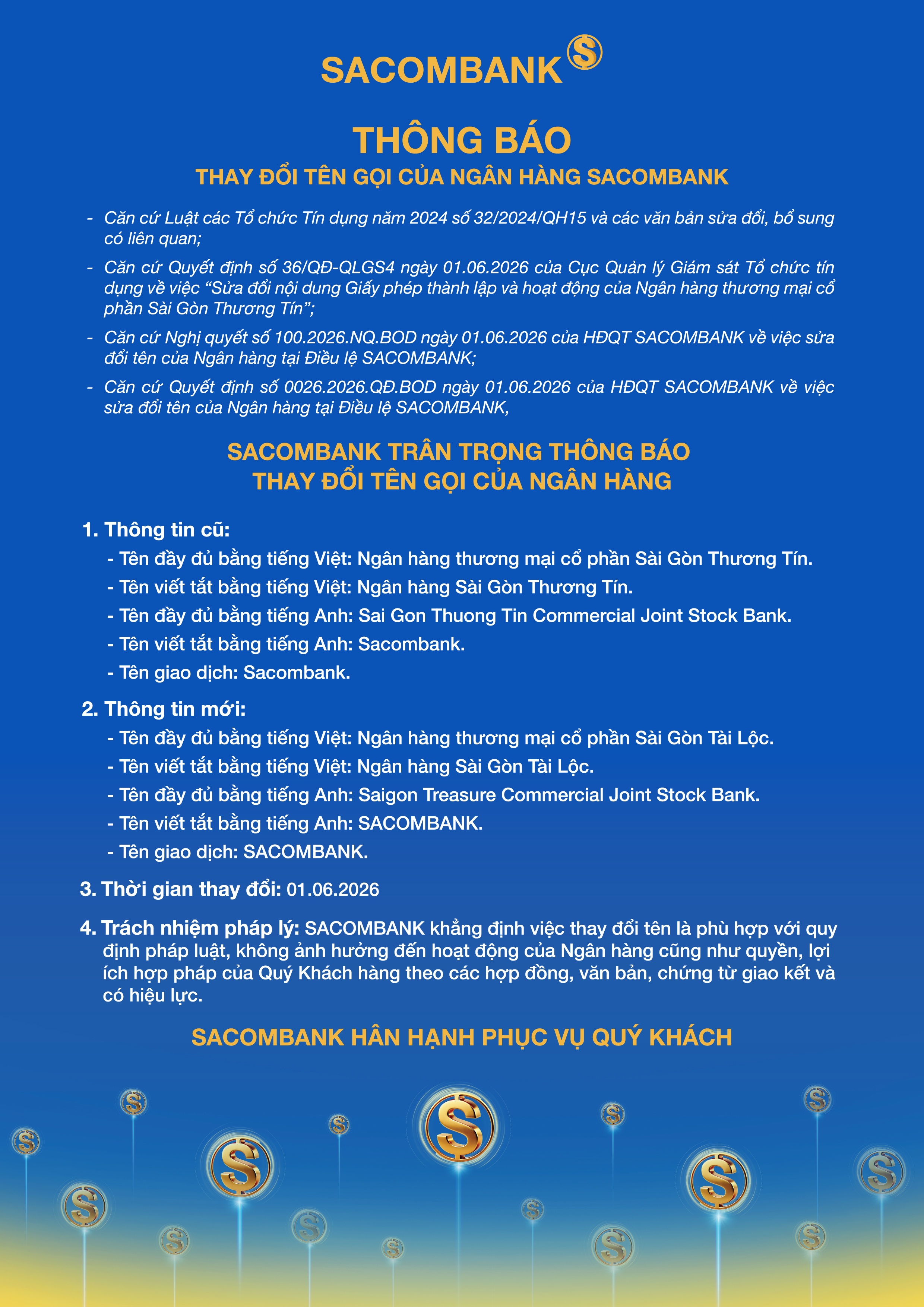 SACOMBANK thông báo thay đổi tên gọi