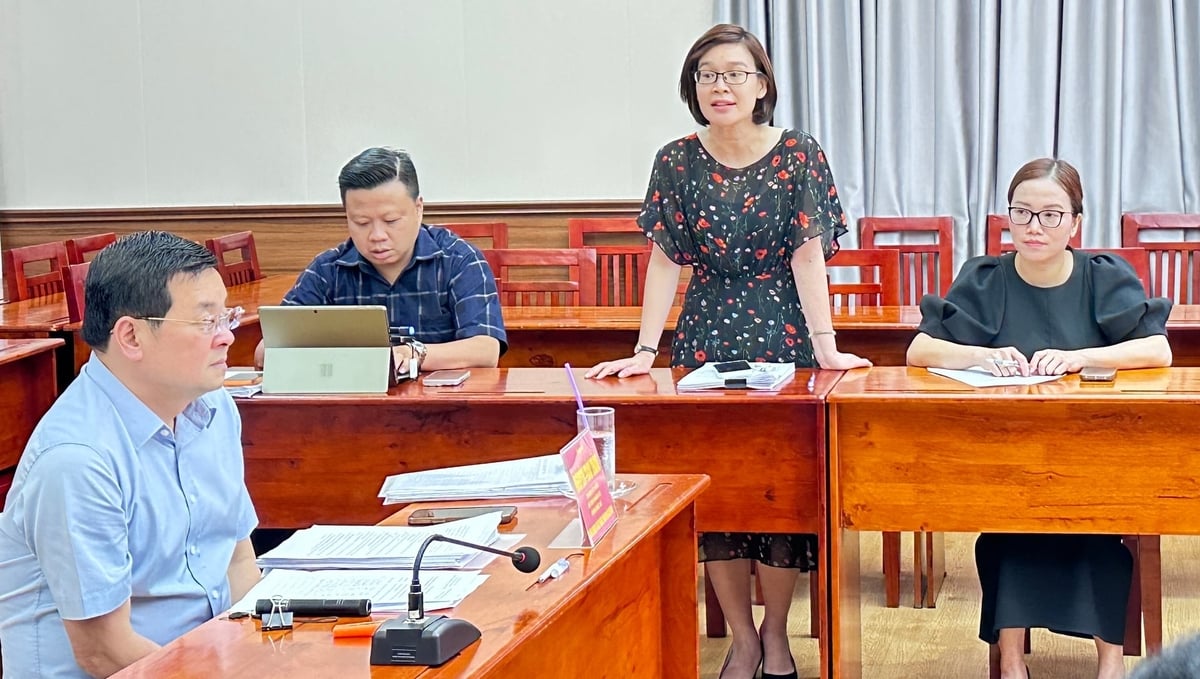 Đại diện Công ty TNHH Thương mại Đầu tư và Phát triển Thiên Niên Kỷ - chủ đầu tư dự án Khu nhà ở thấp tầng, số 2 Tôn Đức Thắng, phường Sài Gòn, TP.HCM báo cáo đề nghị Tổ trưởng Tổ Công tác 1645 xem xét cấp sổ hồng cho người mua nhà. Ảnh: Tường Tú.