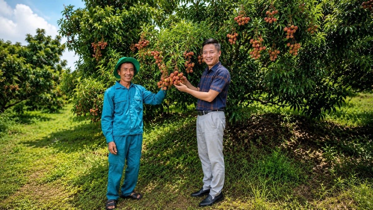 Ông Vũ Văn Mến (bên trái) cùng chuyên viên Chi cục Trồng trọt và BVTV tỉnh Bắc Ninh kiểm tra vải thiều chuẩn bị cho kỳ thu hoạch chính vụ. Ảnh: Phạm Minh.