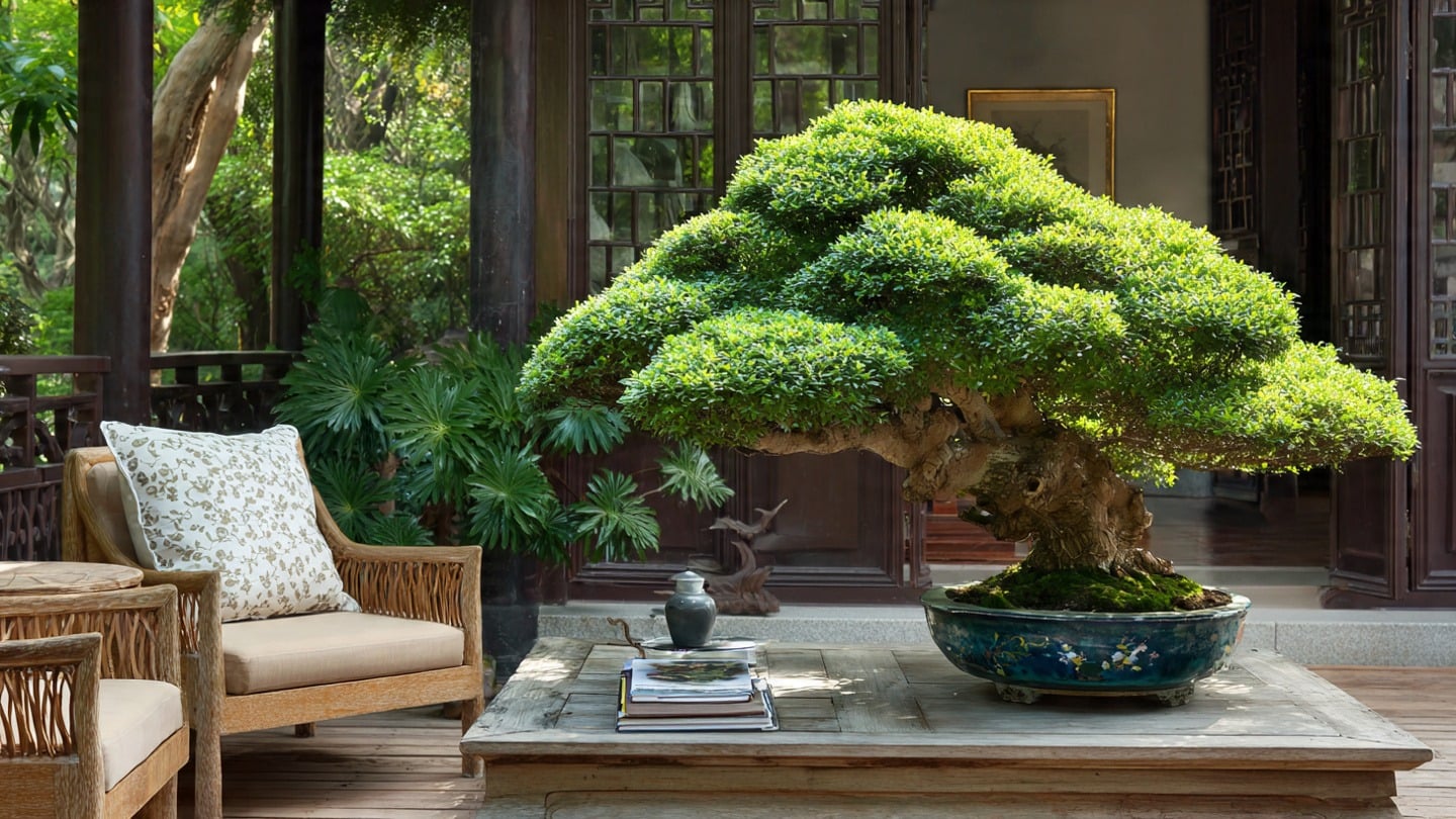 Das Pflanzen zweier glckverheiender Bonsai-Bume ist wie die Einladung  des Gottes des Reichtums ins Haus; das Aufstellen einer Schatzschale dort  bringt Reichtmer, und die groen Bltter bringen Wohlstand und Glck.