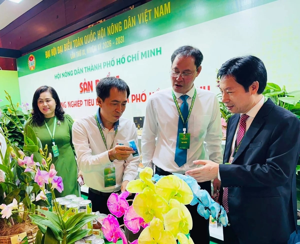 Ông Nguyễn Xuân Định, Phó Chủ tịch BCH Trung ương Hội Nông dân Việt Nam (bên phải) tham quan gian hàng các sản phẩm của TP.HCM trưng bày tại Đại hội đại biểu toàn quốc Hội Nông dân Việt Nam lần thứ IX. Ảnh: CTV. 