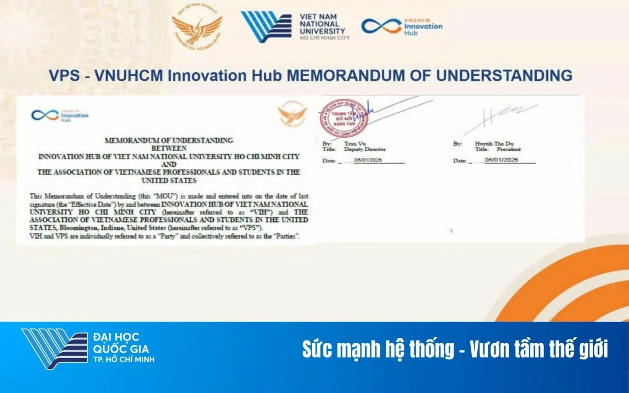 Biên bản ghi nhớ hợp tác (MOU) giữa Trung tâm Đổi mới sáng tạo ĐHQG-HCM (VNUHCM Innovation Hub – VIH) và VPS. (Nguồn: Đại học Quốc gia TP.HCM)