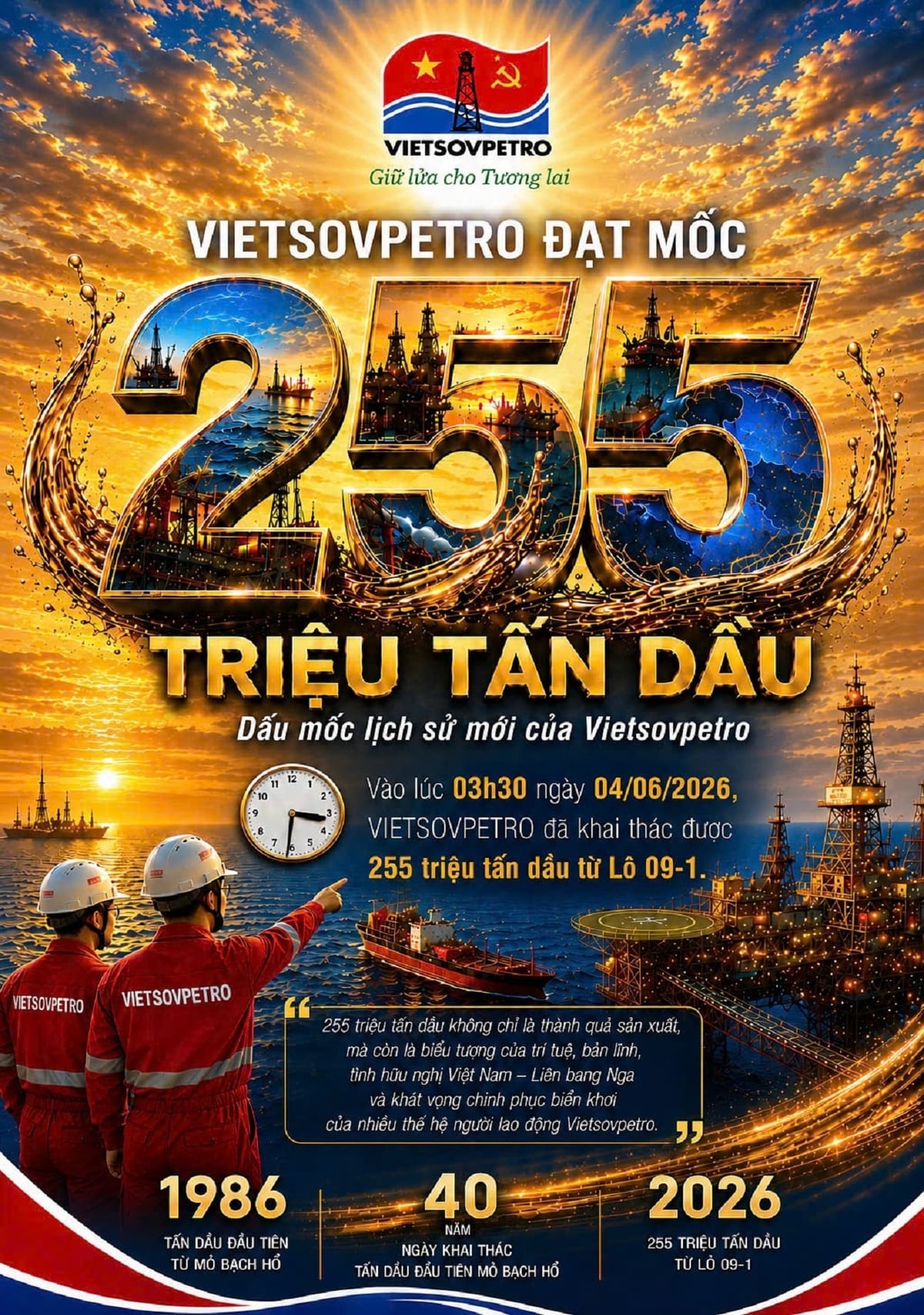 Vietsovpetro dosáhlo milníku 255 milionů tun ropy - Nový milník na jeho 40leté cestě dobývání otevřeného moře. Foto: Vietsovpetro.