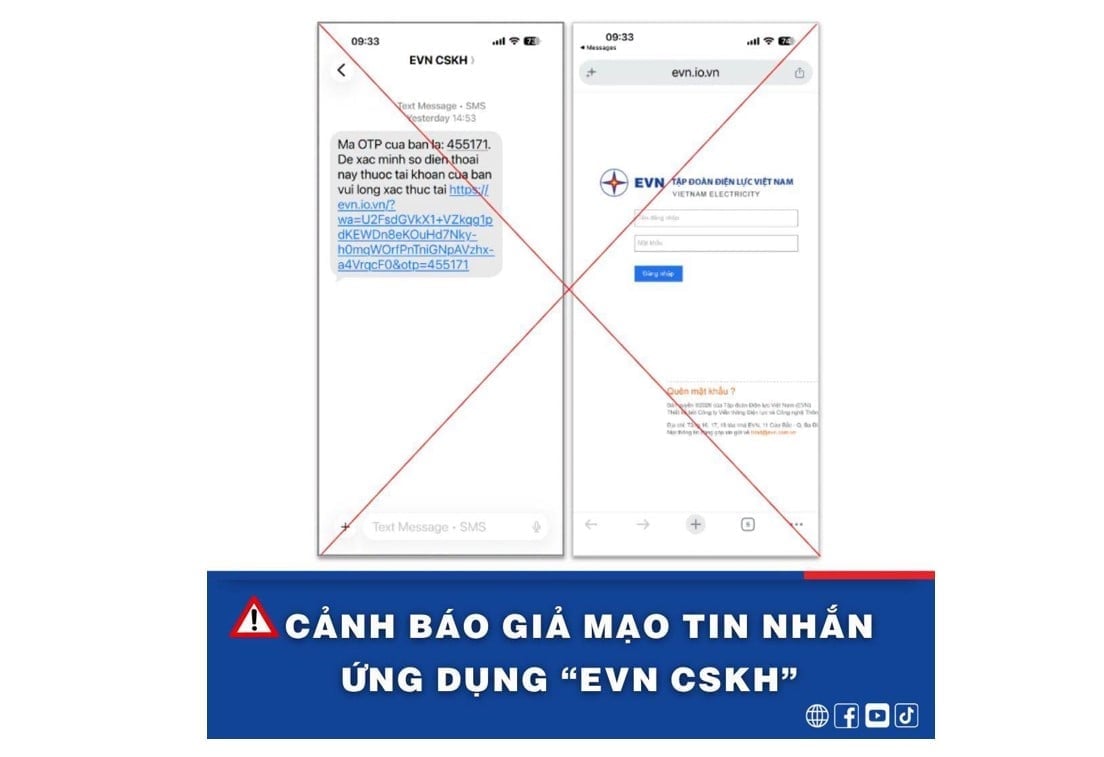 Lừa đảo mới bằng tin nhắn OTP giả mạo. Ảnh: EVN.
