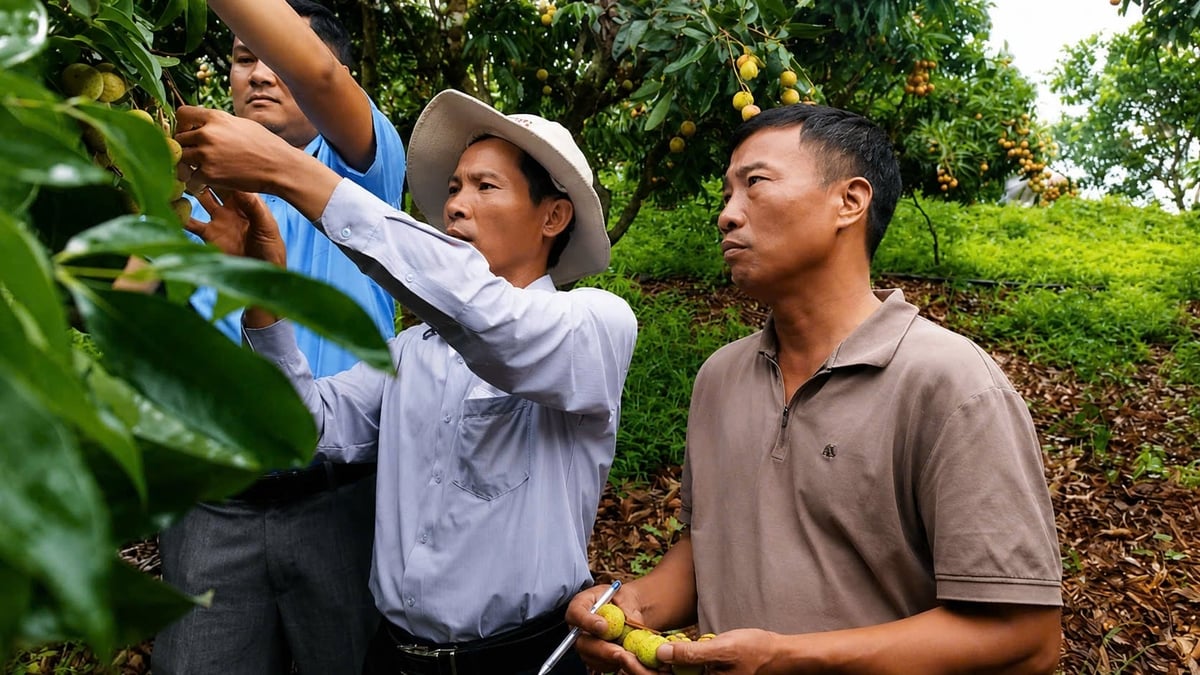 Ông Lương Quang Ngọc (giữa), cán bộ kỹ thuật Chi cục Trồng trọt và Bảo vệ thực vật tỉnh Bắc Ninh kiểm tra chàm trên quả vải thiều. Ảnh: Phạm Minh.