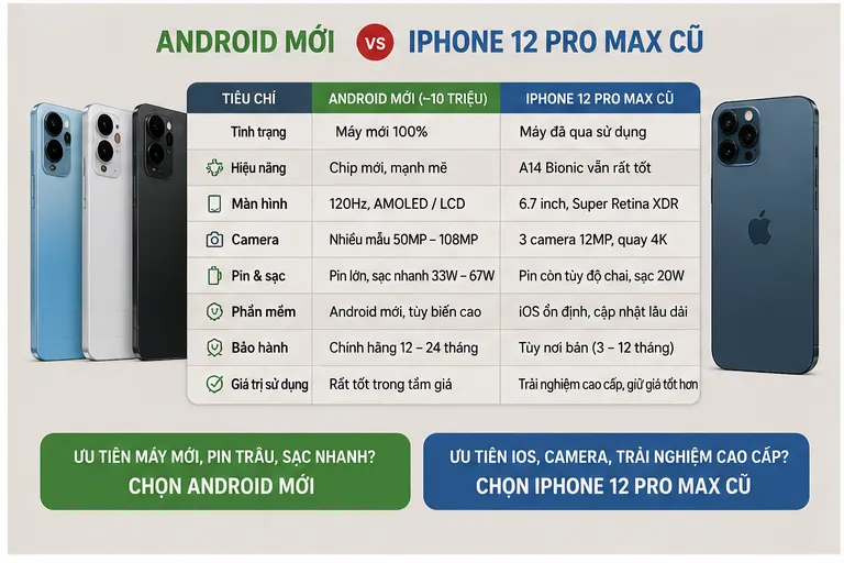 តើខ្ញុំគួរទិញទូរស័ព្ទ Android ថ្មី ឬ iPhone 12 Pro Max មួយទឹកក្នុងតម្លៃ ១០ លានដុង?