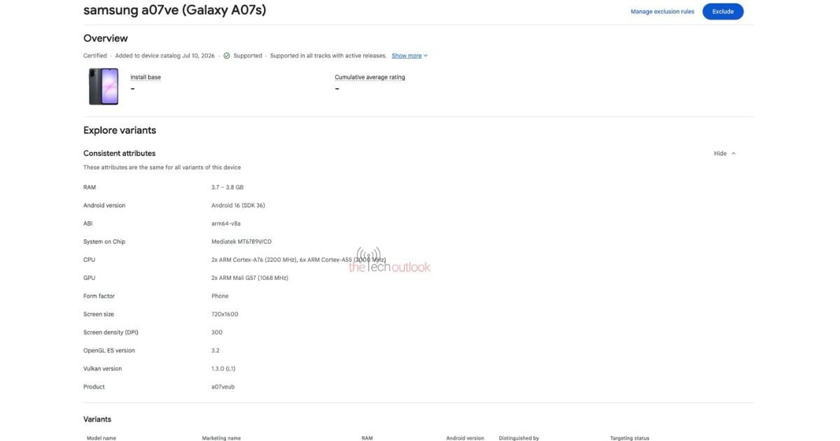 Технічні характеристики Galaxy A07s 4G: чіп Helio G99 та операційна система Android 16 на Play Console