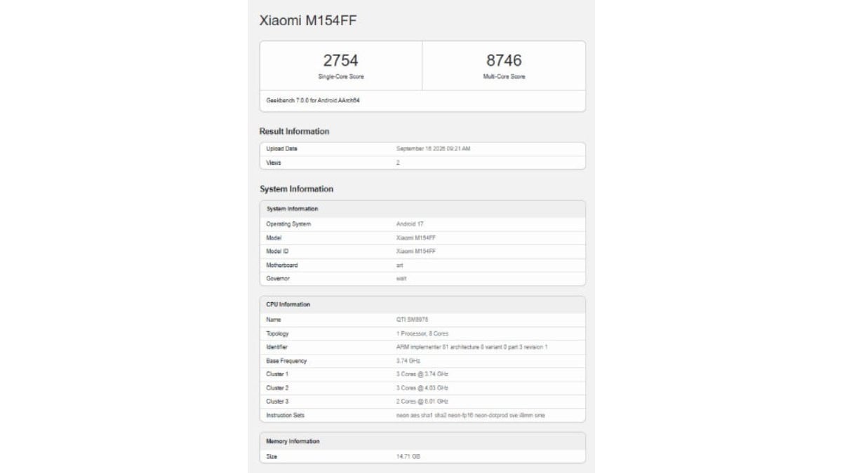 ทดสอบประสิทธิภาพของ Xiaomi 18 Pro บน Geekbench