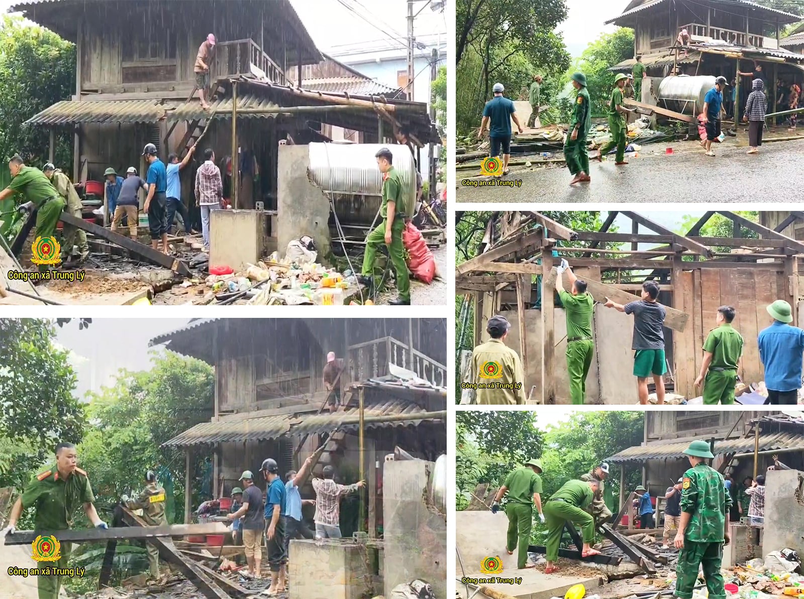 Polisi di komune Trung Lý membantu warga memindahkan rumah mereka dari daerah yang berisiko longsor.