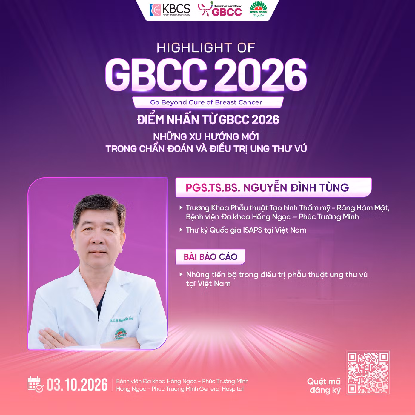 Asosiasi. Prof Dr Nguyen Dinh Tung akan memaparkan laporan berjudul PGS.TS.BS Nguyễn Đình Tùng sẽ trình bày báo cáo “Những tiến bộ trong điều trị Phẫu thuật Ung thư Vú tại Việt Nam”.