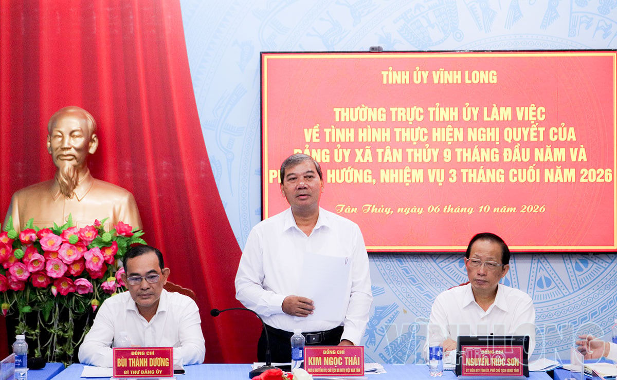 Comrade Kim Ngoc Thai - Deputy Secretary of the Provincial Party Committee, Chairman of the Vietnam Fatherland Front Committee of the province, delivered a speech at the working session with the Party Committee of Tan Thuy commune.