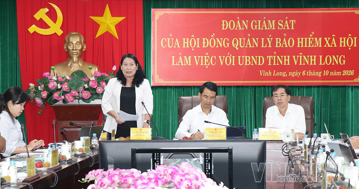 Vice Chairman of the Provincial People's Committee Nguyen Thi Be Muoi speaks at the working session with the Supervisory Delegation of the Social Insurance Management Council.