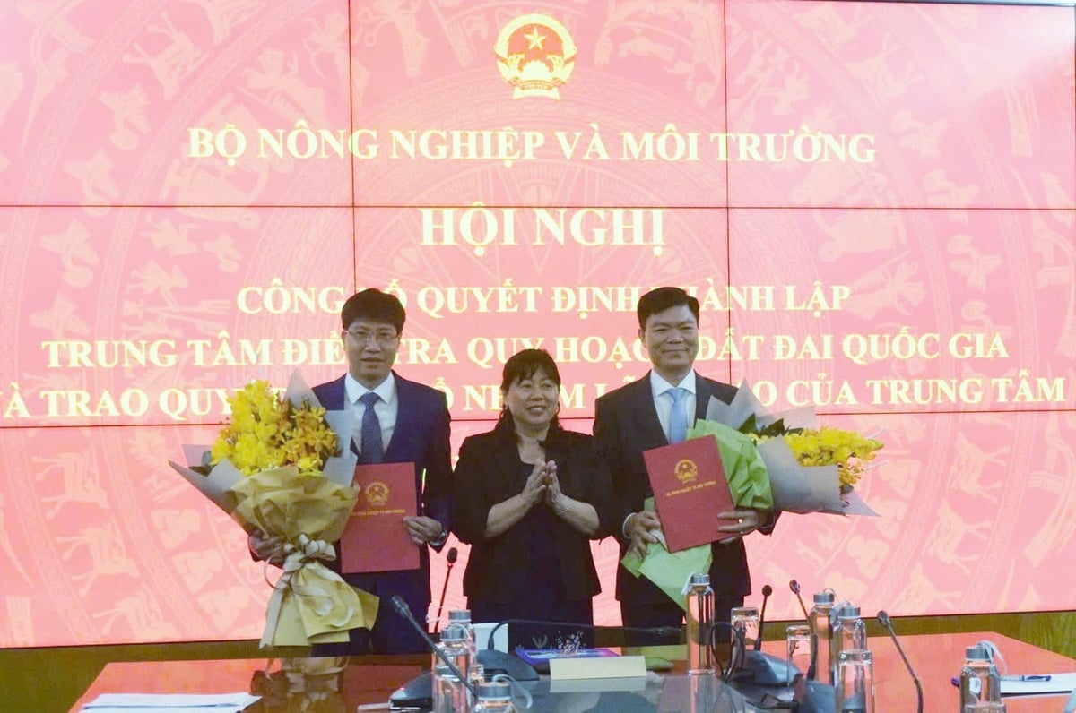 Thứ trưởng Nguyễn Thị Phương Hoa trao quyết định bổ nhiệm ông Chu An Trường, Phó Cục trưởng Cục Quản lý đất đai giữ chức Tổng Giám đốc Trung tâm; ông Nguyễn Đắc Nhẫn, Phó Cục trưởng Cục Quản lý đất đai giữ chức Phó Tổng Giám đốc Trung tâm. Ảnh: Trường Giang.