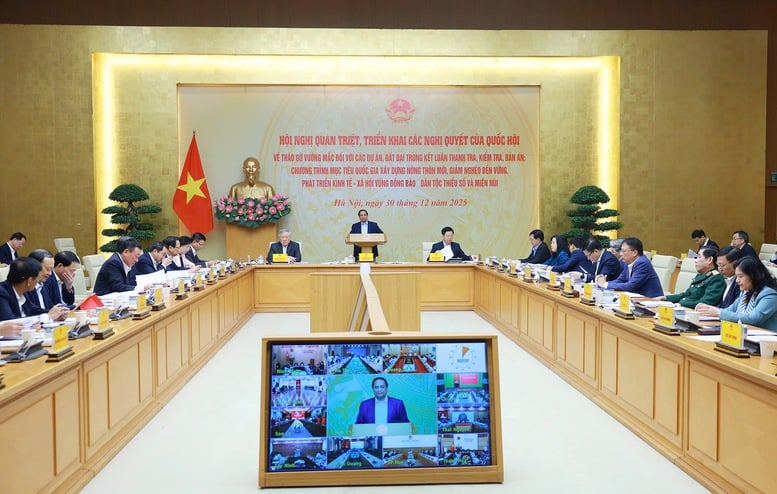 Thủ tướng Phạm Minh Chính chủ trì hội nghị triển khai Nghị quyết của Quốc hội về tháo gỡ khó khăn các dự án và phát triển kinh tế- xã hội vùng đồng bào dân tộc. Ảnh: VGP.